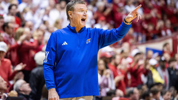 Dec 16, 2023; Bloomington, Indiana, USA; Kansas Jayhawks head coach Bill Self in in the second half against the Indiana Hoosiers at Simon Skjodt Assembly Hall. Mandatory Credit: Trevor Ruszkowski-USA TODAY Sports  